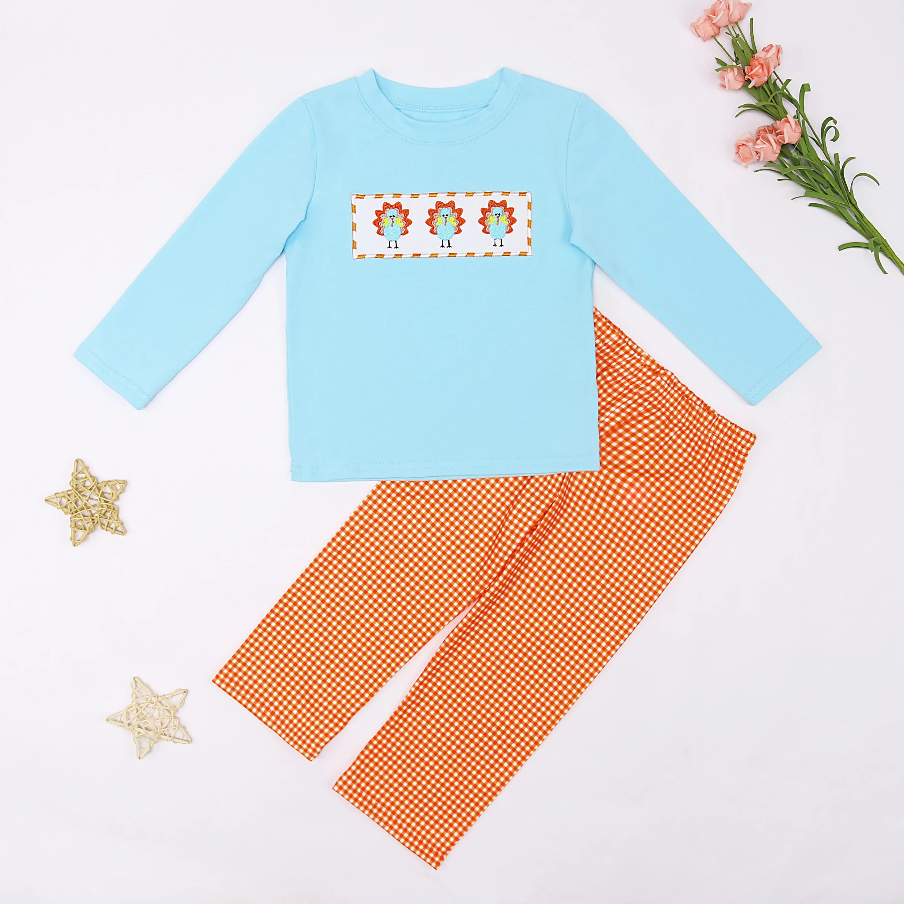 Baby New Cotton Long Sleeve T-shirt Set Round Neck Thanksgiving Turkey Embroidery Boy Blue Top Clothes And Orange Lattice Pants