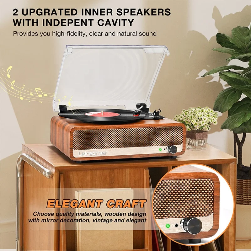 All-in-One Belt Drive Retro Wooden Vinyl Record Player System with Built-in Speaker UD002