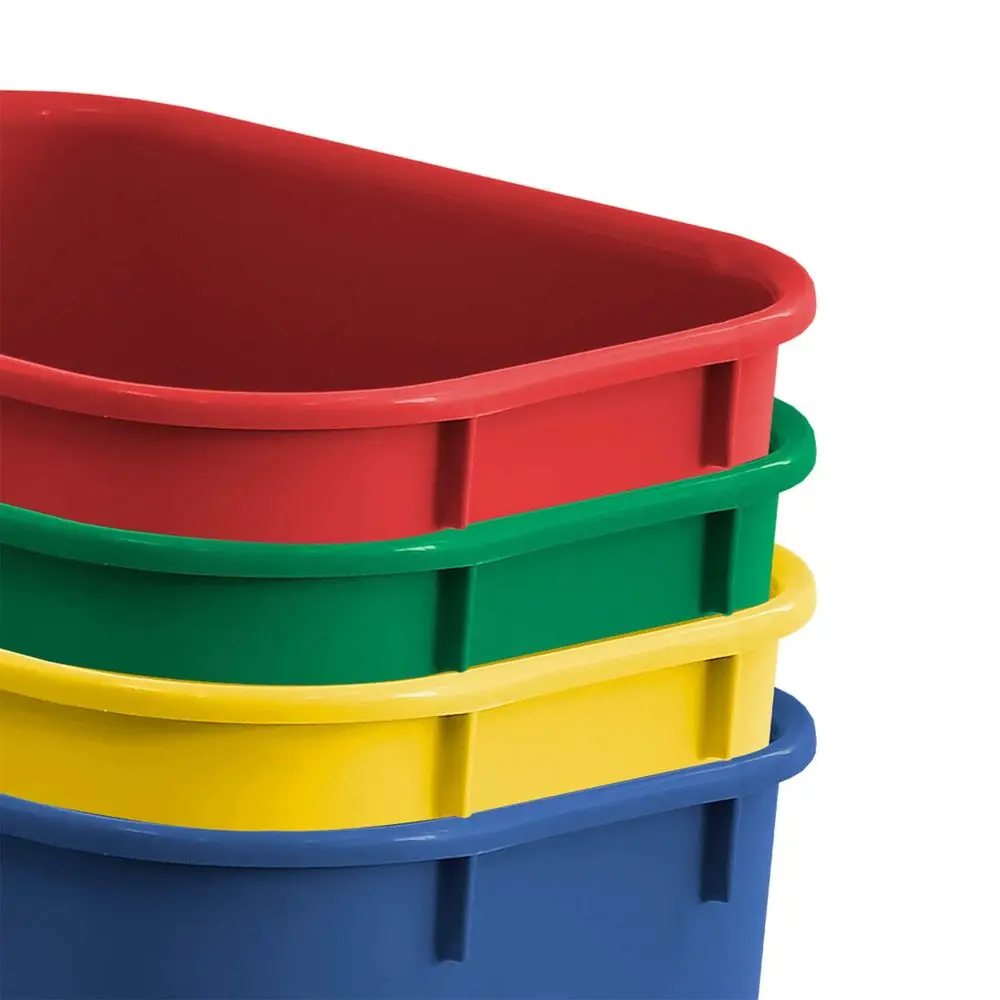 

Корзина для мусора для переработки отходов, 6,75 галлонов (27 квартов, 25,552 литра), из пластика и металла, желтая, для бумаги — синяя, для стекла — зеленая, для пластика — зеленая.