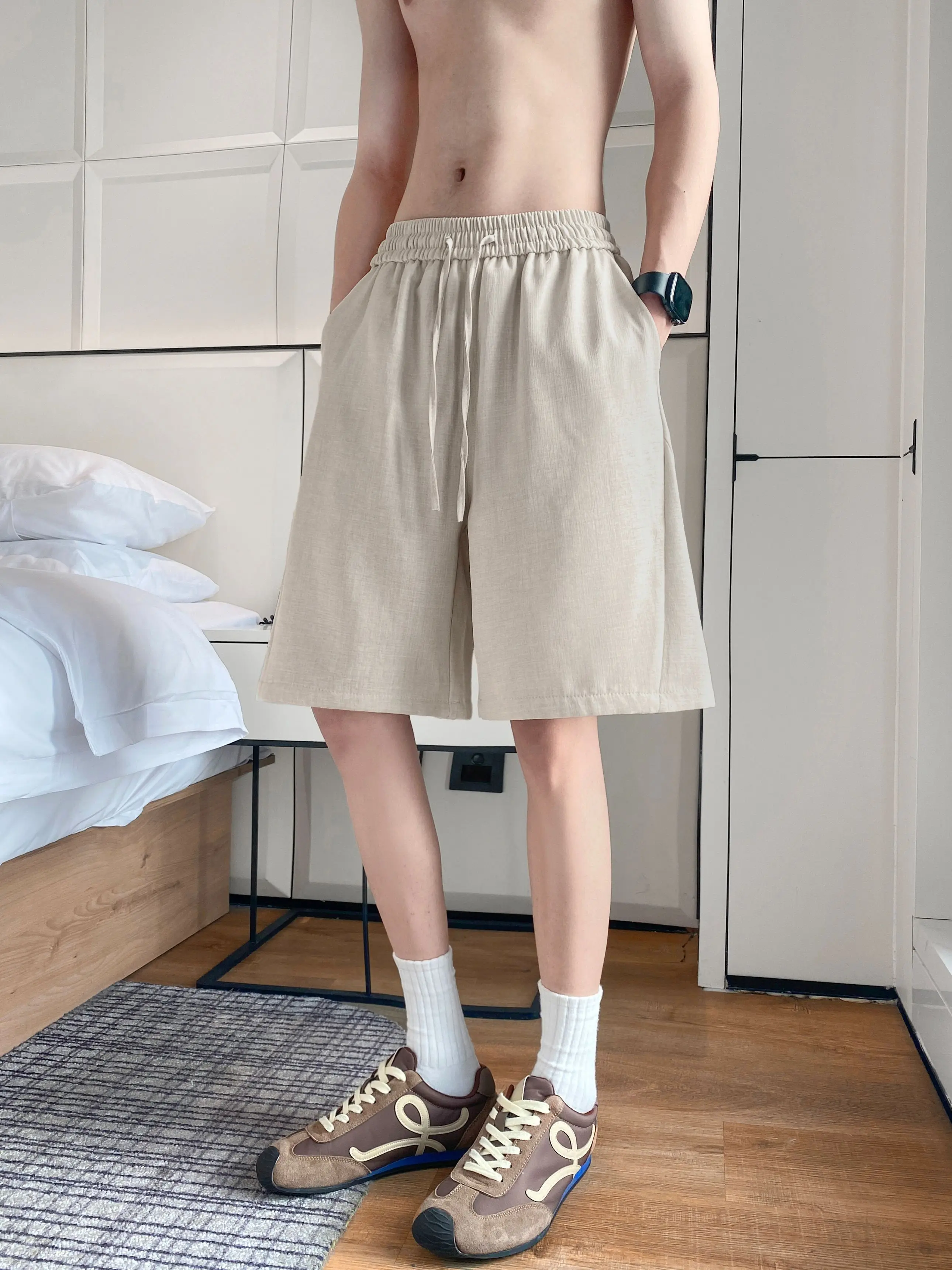 Loose Straight Leg Short Pants Light Weight Summer Beach Casual Loose Fit Five Tenths Trousers for Men in plus Size