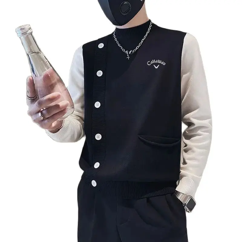 

방풍니트골프 Fashion Half High Collar Sweater Men Autumn Golf Wear 2024 High Quality Golf Knit Korean Fake Two Items Casual Top 남성골프복
