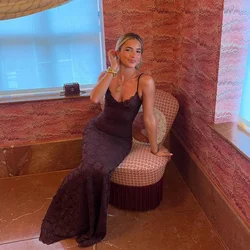 Sexy Hollow Out Brown Lace Sling Dress Women Elegant Solid Slim Chest Wrapped Dresses 2025 Ladies Evening Party Robes Prom Club