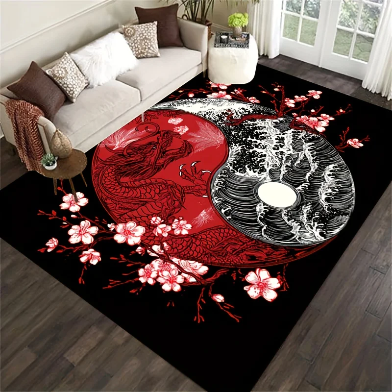 Machine Washable Non‑Slip Indoor Outdoor Rug, Traditional Chinese Yin‑Yang Dragon Cherry Blossom Rectangular Floor Mat