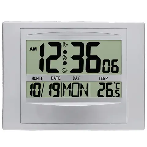 Silver Digital Wall Clocks Atomic Desk Alarm Large Display Battery Operated Calendar Wall Sticks Home Office Temperature Clock