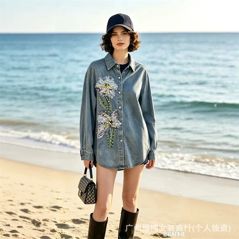 Fashionable Spring Autumn Long Sleeve Women Blouses Diamonds Beading Loose Cardigans Top All-match Turn-down Collar Casual Shirt