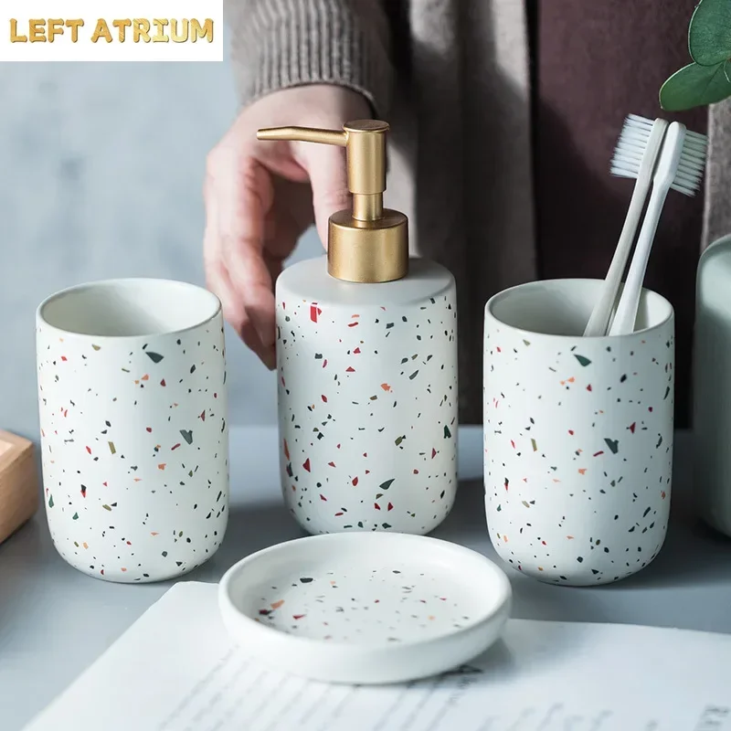 European Bathroom Decoration Set, Terrazzo Ceramic, Emulsion Bottle, Gargle Cup, Soap Dish, Art Supplies
