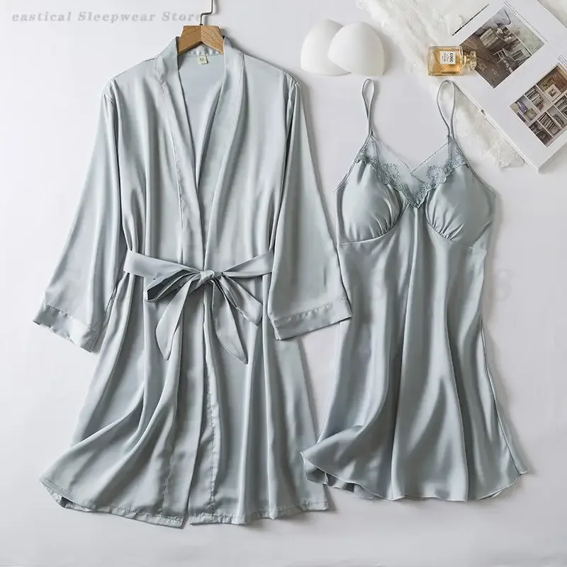 Pink Robe Nightgown Set Bride Wedding Sleepwear Sexy Kimono Bathrobe Gown Lace Chemise Nightdress Lingerie Rayon Homewear 3