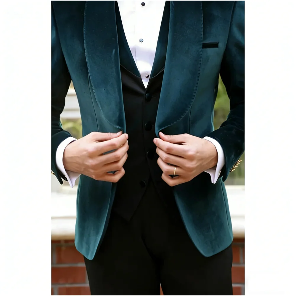 Banquet Wedding Men Suits Shawl Lapel One Button Formal Party Groom Prom Tuxedos 3 Pieces Velvet Blazer Black Solid Vest+Pants