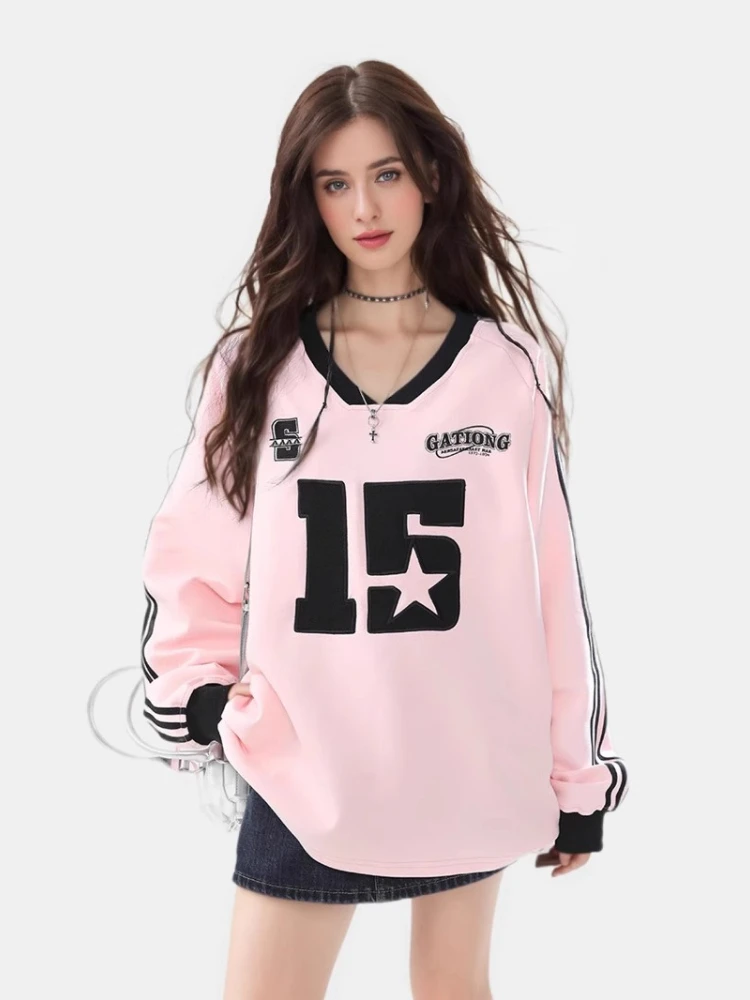 

Y2k American Retro Letter Print Hoodie Women V Collar Korean Chic Sweatshirts Streetwear Hoody Oversized Stripe Long Sleeve Tops