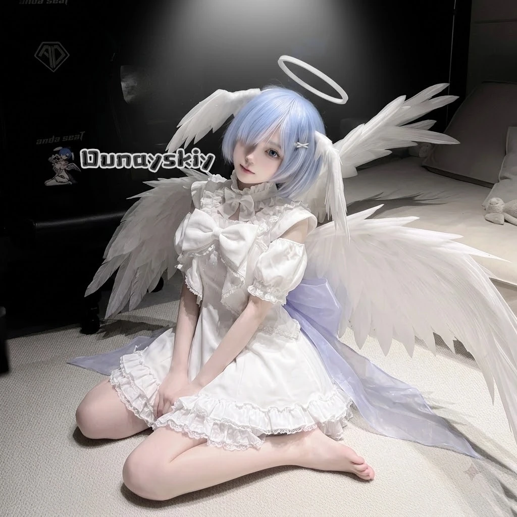 ​ ​ ​ ​ Disfraz de Cosplay de Rem Angel, Peluca, Uniforme, Pijama para Uso Diario en Casa, Vestido, Traje para Halloween, Juego de Roles, Fiesta de Carnaval, Anime Re Zero