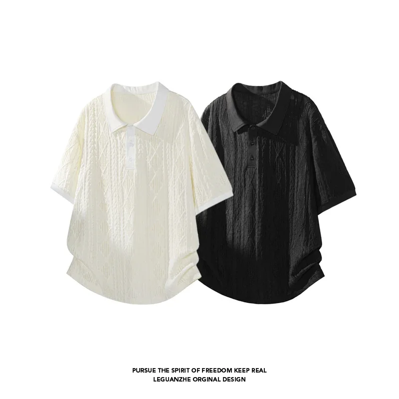 Men Diamond Jacquard Knit Short Sleeve Polo Shirt Lapel Collar Three Button Placket Loose Fit Casual Pullover Top
