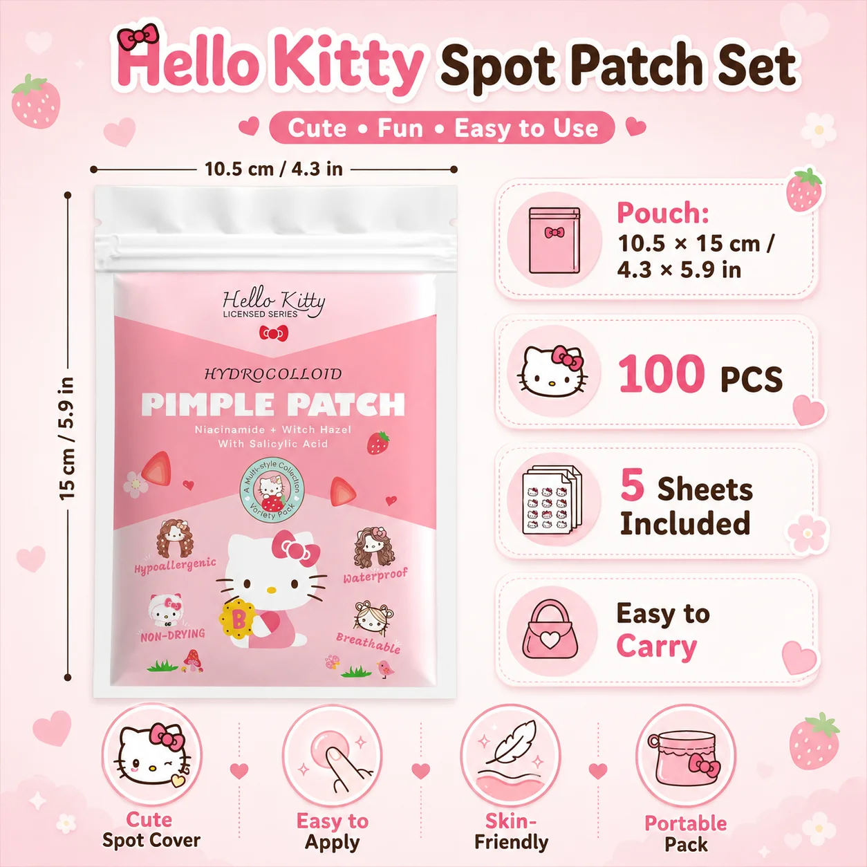 100PCS hello kitty Acne patches, facial acne patches, hydrogel acne removal patches, concealer