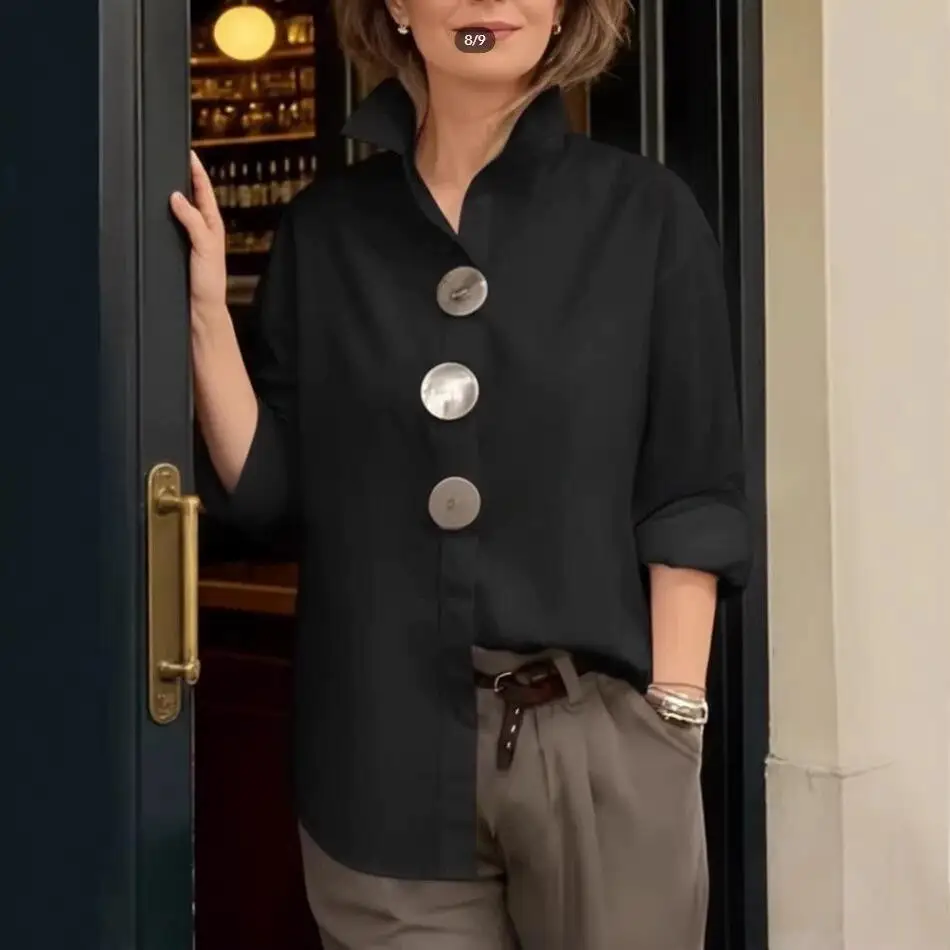 

New 2026 Spring Summer Pure Color Stand Collar Long Sleeve Shirt Metal Button Casual Style Women's Premium Quality Casual Shirt