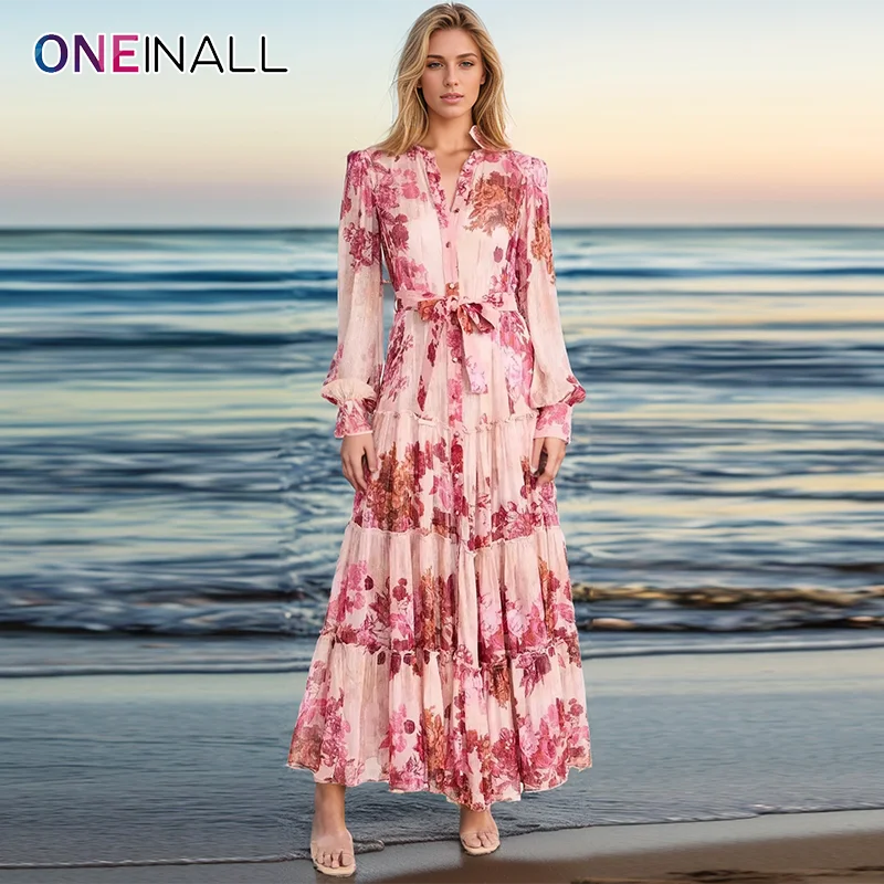 ONEINALL Floral Printing Elegant Dresses For Women Stand Collar Long Sleeve High Waist Patchwork Lace Up colorblock Dress Female