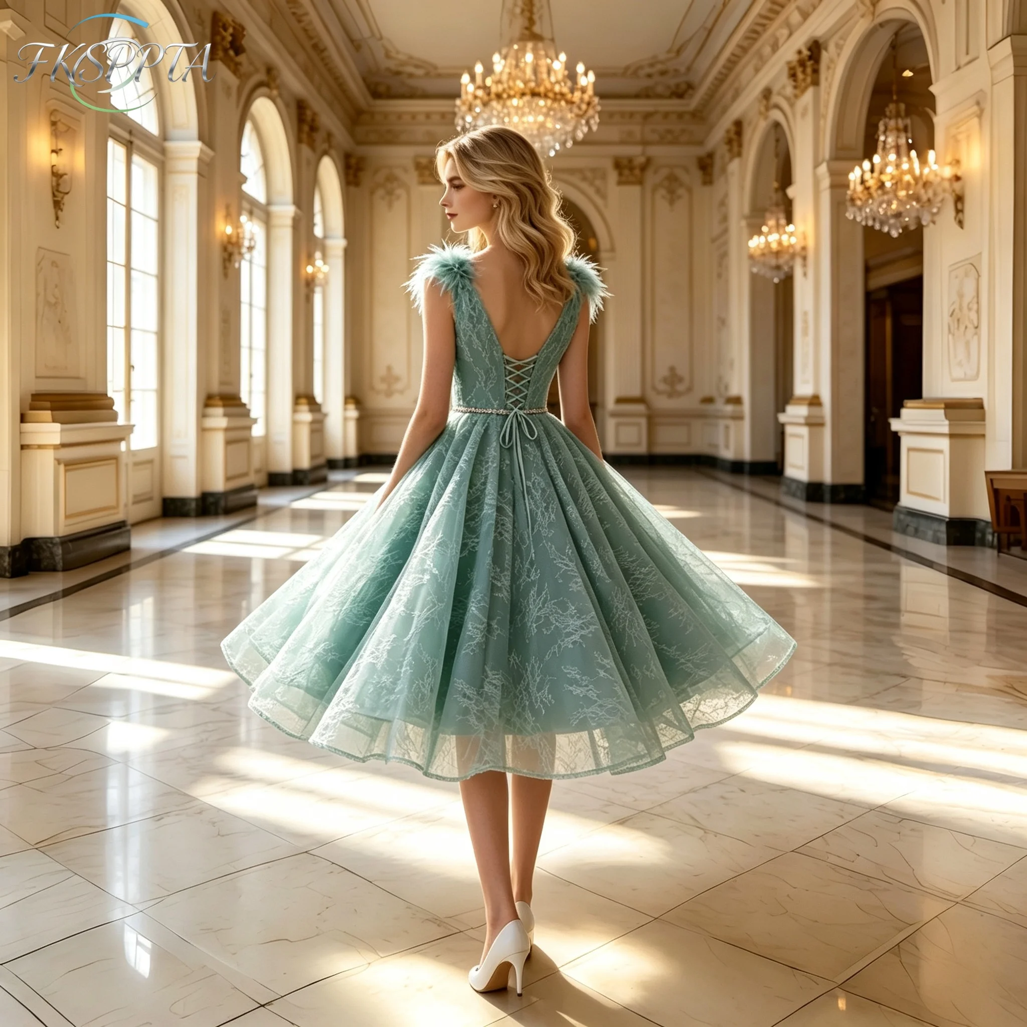 Short Turquoise Lace Evening Dress With Feathers V Neck A Line Lace Up Back Tea Length Women Special Occasion Gowns For Prom