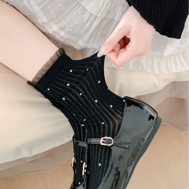 Letnie damskie skarpetki z włókna bambusowego oddychające odprowadzające wilgoć skarpetki Mid Crew Dot koronkowe wykończenia wzór w paski cienkie skarpetki na co dzień