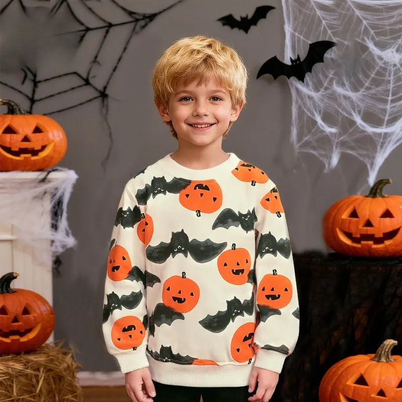 

New Halloween Long Sleeved Hoodie with Cartoon Pumpkin Print Pattern Pullover Holiday Theme Party Outfits for 3-8 Years Unisex
