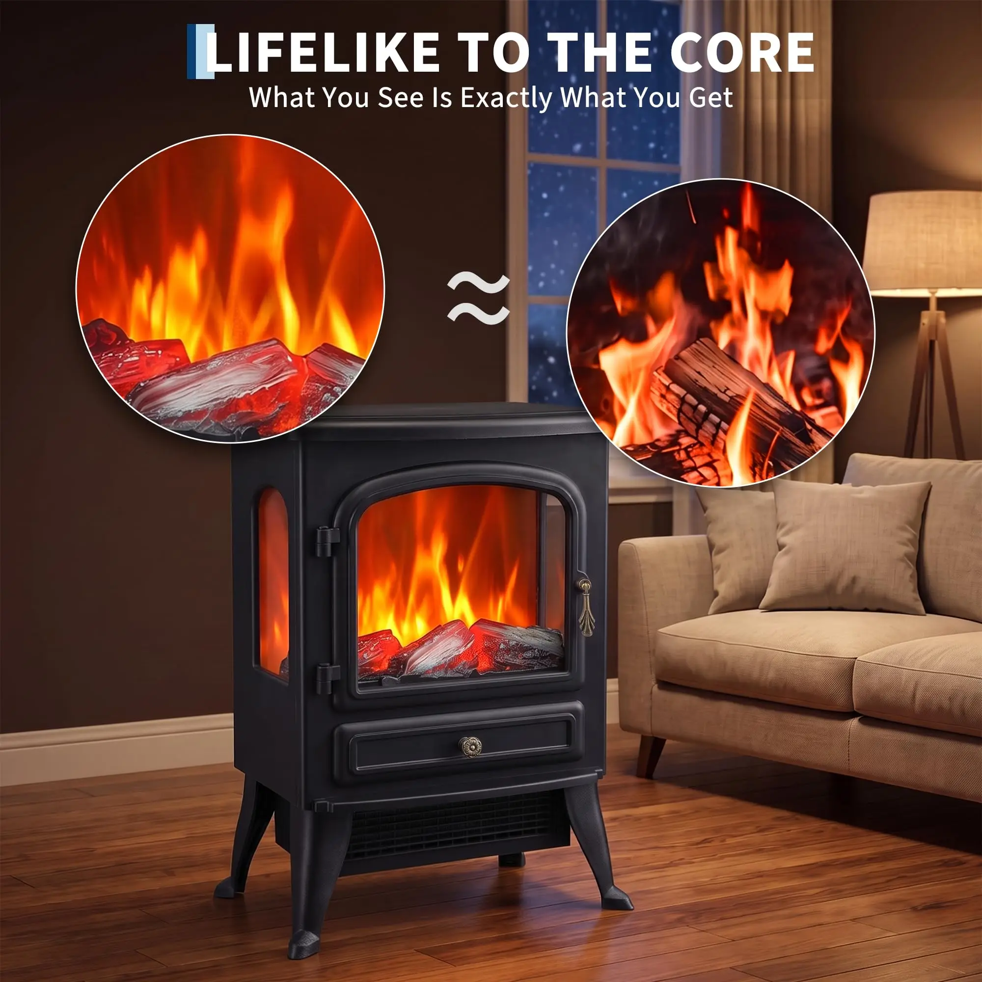 Freestanding Electric Fireplace Heater, 3-Sided Glass, 750W/1500W Dual Heat, Modern Portable Indoor Stove for Living Room