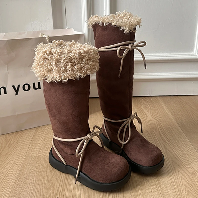 

Fur Women's Long Boots Flats Suede Warm Cotton Shoes Fashion Winter Boots New Designer Short Plush Cozy Mujer Snow Botas