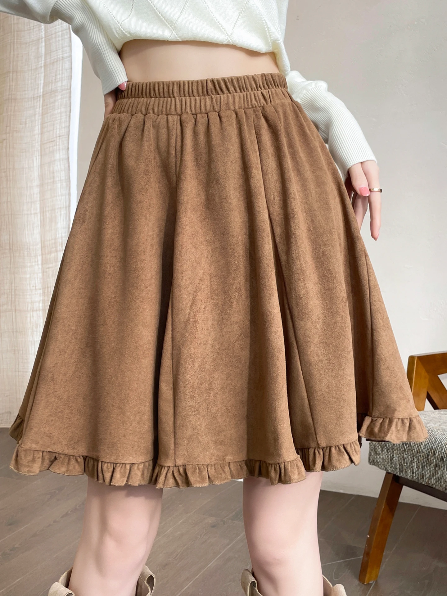 High Waist A-Line  Skirt Women's Autumn Leather Velvet Draping Splice Wood Grain  Slimming Hip Covering Korean Style