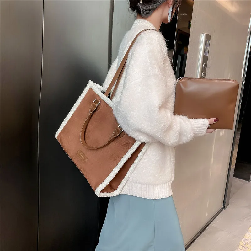 Fashion Wool Handbag Large capacity Female Big Totes Quality Ladies Shoulder bags Soft PU leather Vintage Tote Bag composite bag