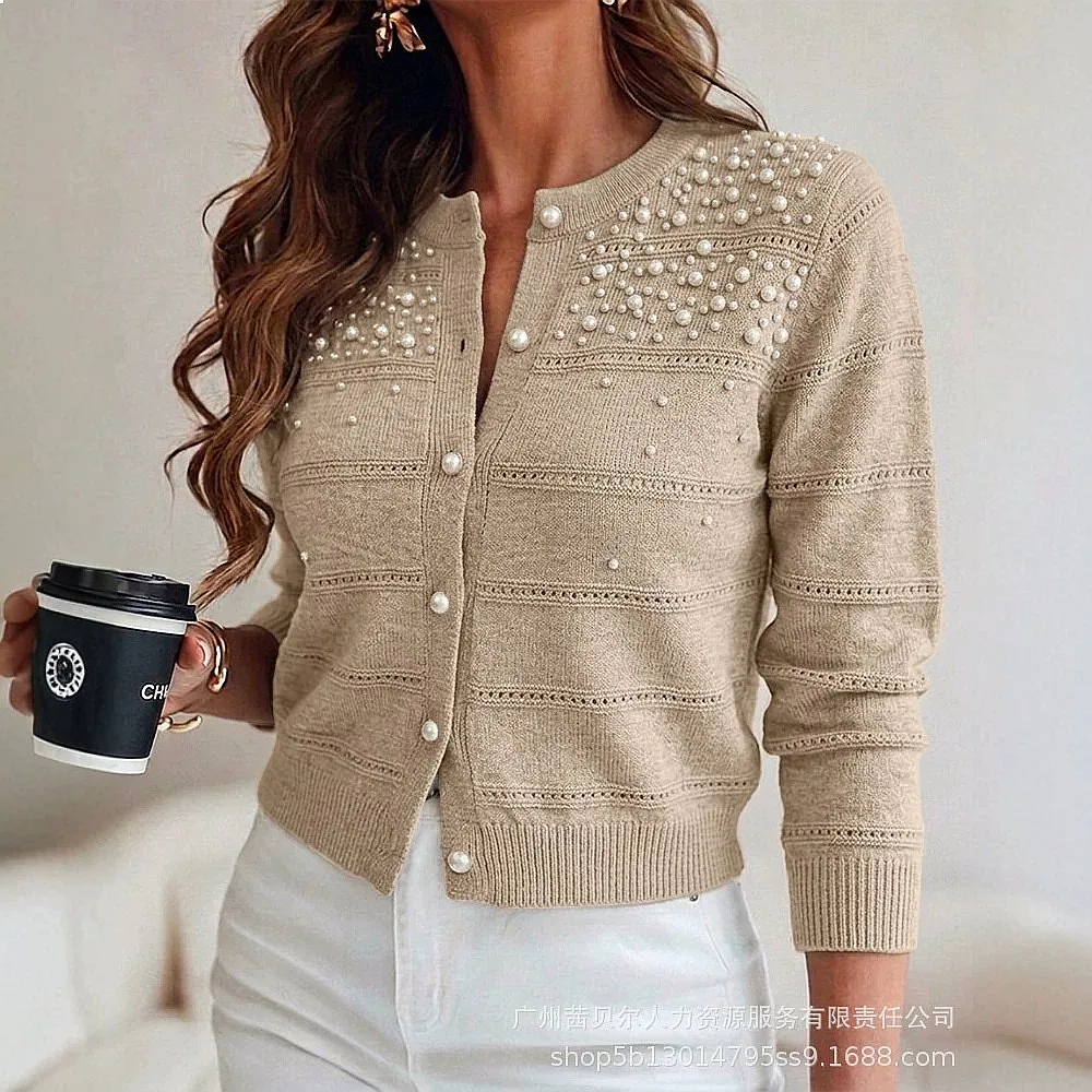 Pearl Embellished Hollow Knit Cardigan, Cardigans with Pearl Decor, Open Front Knitwear, See Through Summer Spring Tops