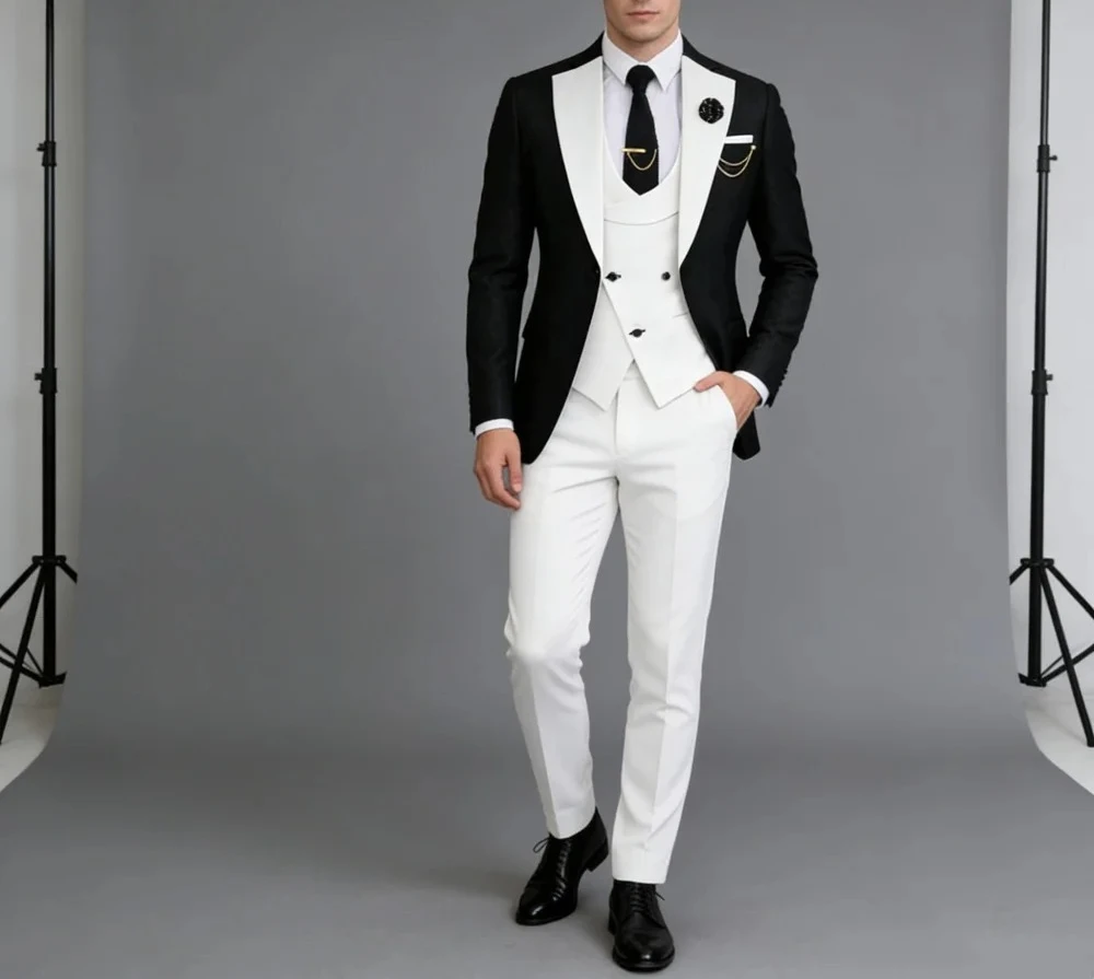 

Formal Black White Peak Lapel For Men Wedding Formal Single Breasted Suit Groom Suit Set Includes Jacket Vest Pants Customized