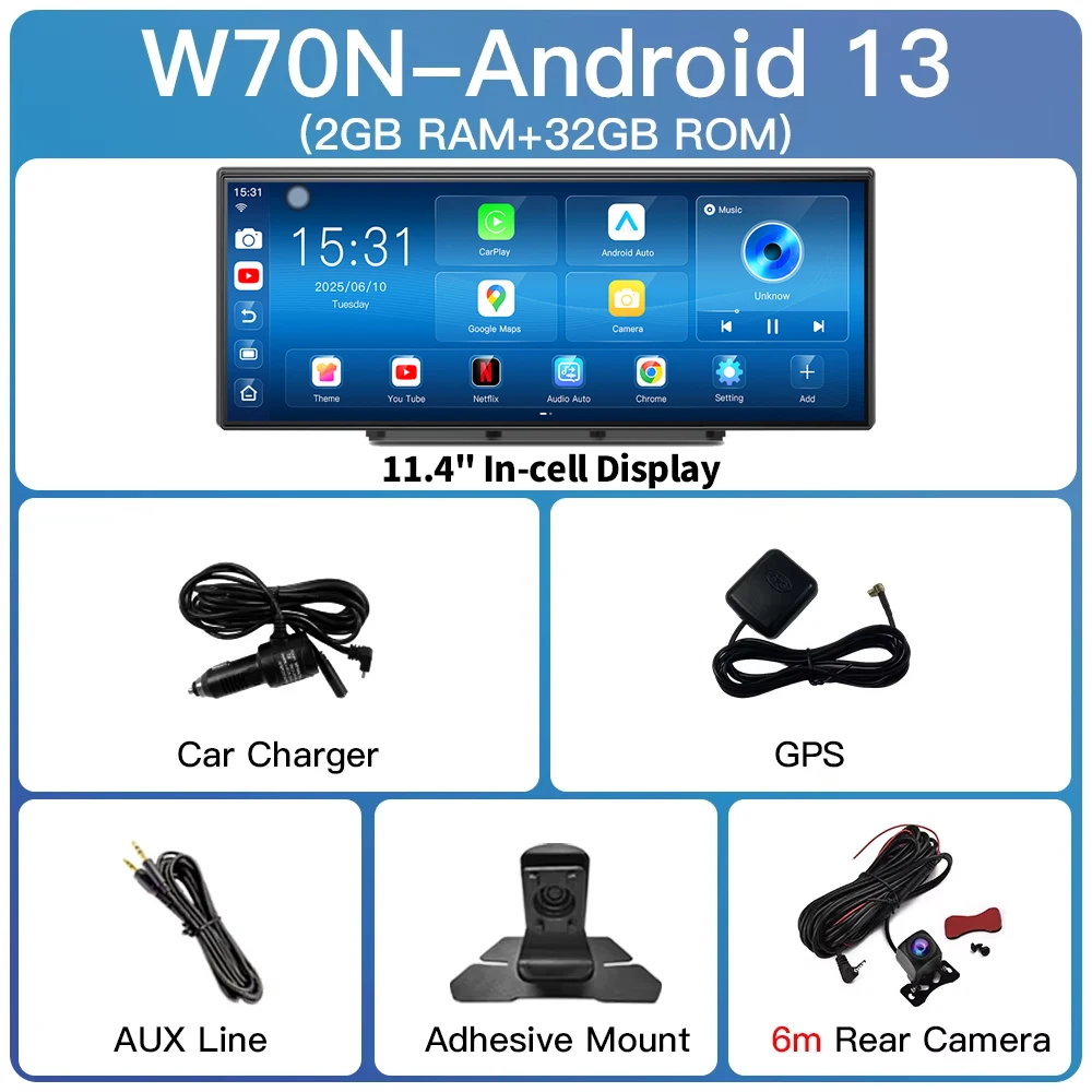 Imagebon W70 11.4" 8-core Android 14 6+128GB CarPlay & Android Auto Dashcam GPS WiFi Google Play YouTube Netflix OTA Upgrade DVR