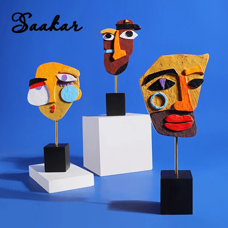 SAAKAR Resin Colorful Face Distorted Abstract Face Mask Statue Figurines for Interior Home Abstract Figure Office Decor Objects