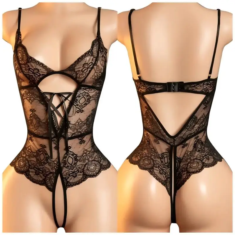 Sexy Crotchless Bra & Brief Sets Women Crossed Lines Hollow UnderwearPorn Costume Backless Teddy Body Suits Erotic Lingerie Set