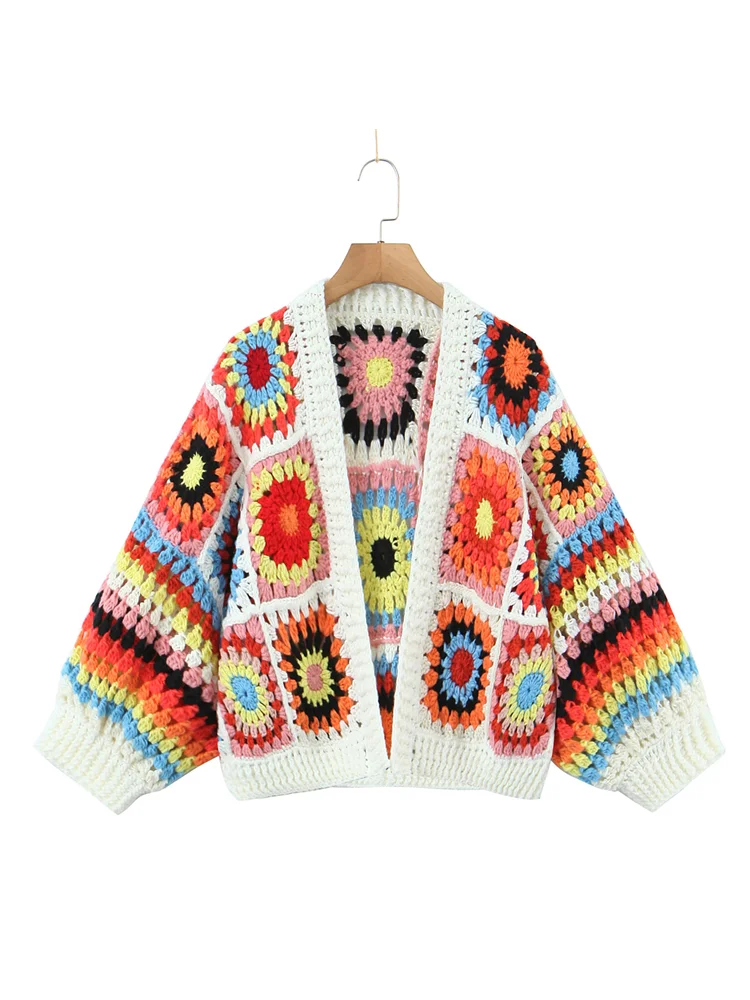 Cardigan de crochê feito à mão para mulheres, xadrez geométrico boho, manga comprida, camisola com gola V, costura aberta, jumper malhas, feriado