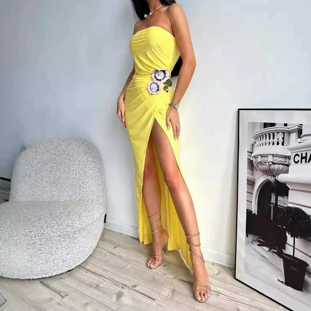 Letnia nowa żółta trójwymiarowa sukienka z haftowanymi kwiatami, długa sukienka bez ramiączek-GZXX366