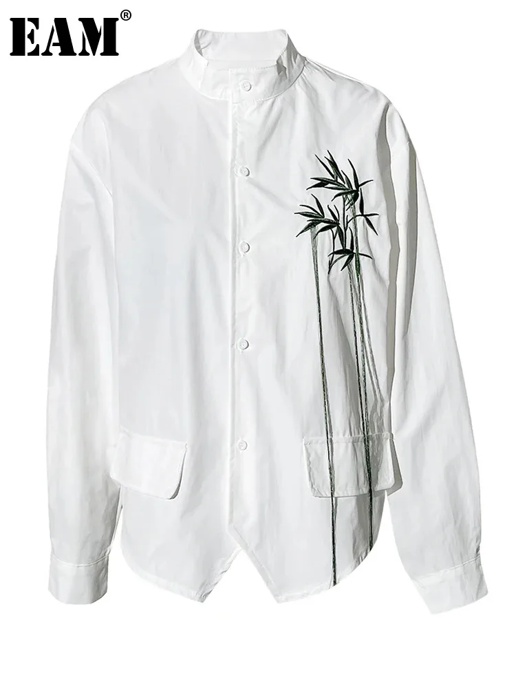 

[EAM] Women White Embroidery Big Size Casual Blouse New Stand Collar Long Sleeve Shirt Fashion Tide Spring Autumn 2024 CPG1233