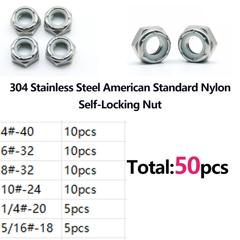 304 Stainless Steel Imperial Nylon Insert Lock Nuts, Self-Locking Hex Fasteners, Anti-Loosening Hardware, 4# 6# 8# 1/4 Inch