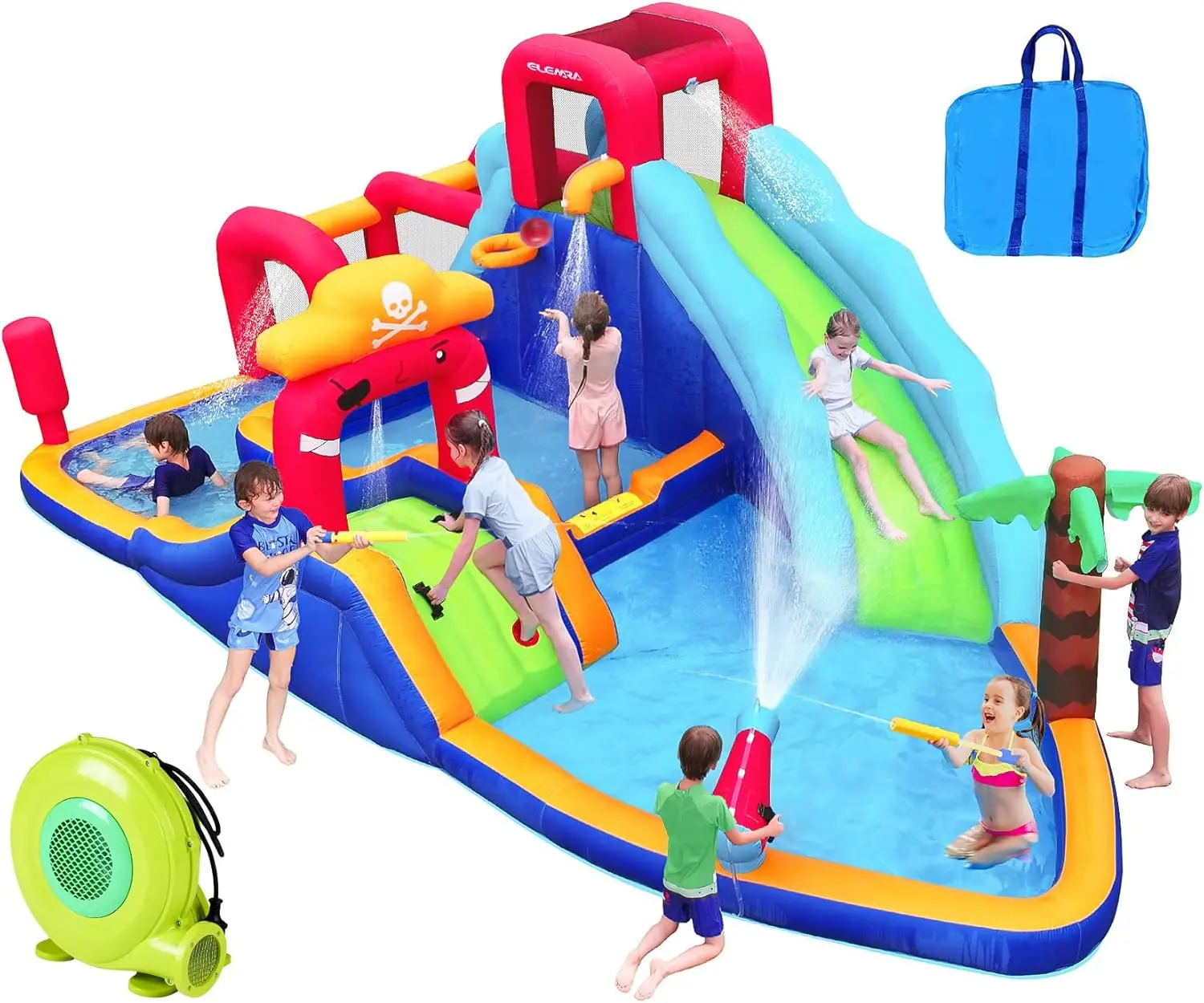 

10-in-1 Inflatable Water Park for Kids, Giant Splash Pool Bounce House with Blower, 2 Slides, 2 Climbing Walls, 2 Water Guns, Deep Pool - Backyard Water Slide Set for 6