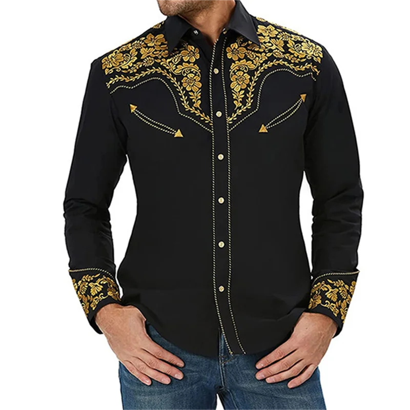 2023 Spring Summer Fashion Men's Long Sleeve Lapel Button Map Casual Daily High Quality Soft Fabric Western Men Plus Size 6XL