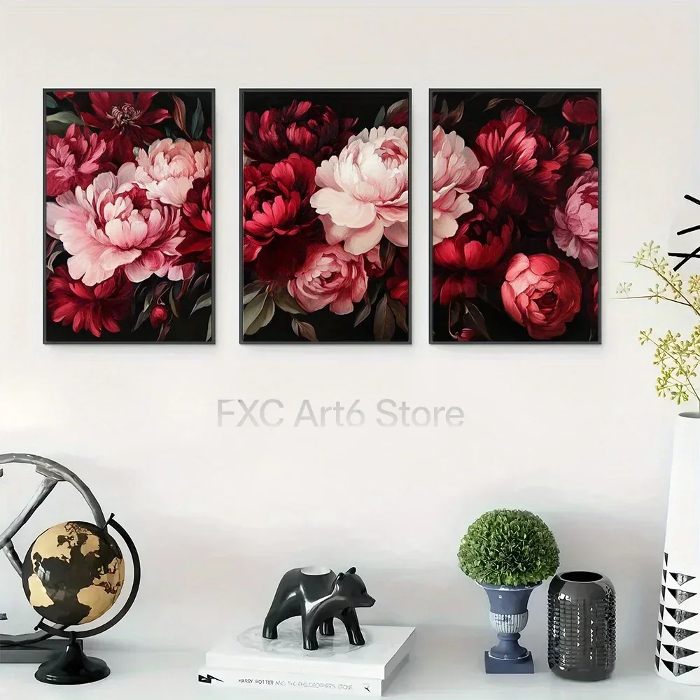 3pcs frameless -  Lush Petals Wall Art, Floral Arrangement Canvas Print Wall Painting, Red And Pink Poster, Dark B
