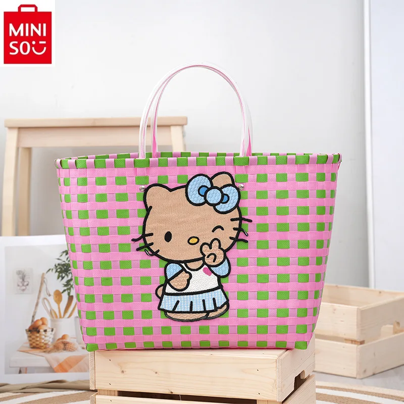 MINISO   Summer cartoon Hello Kitty woven contrasting color mommy handbag for women's fashionable checkered storage beach bag