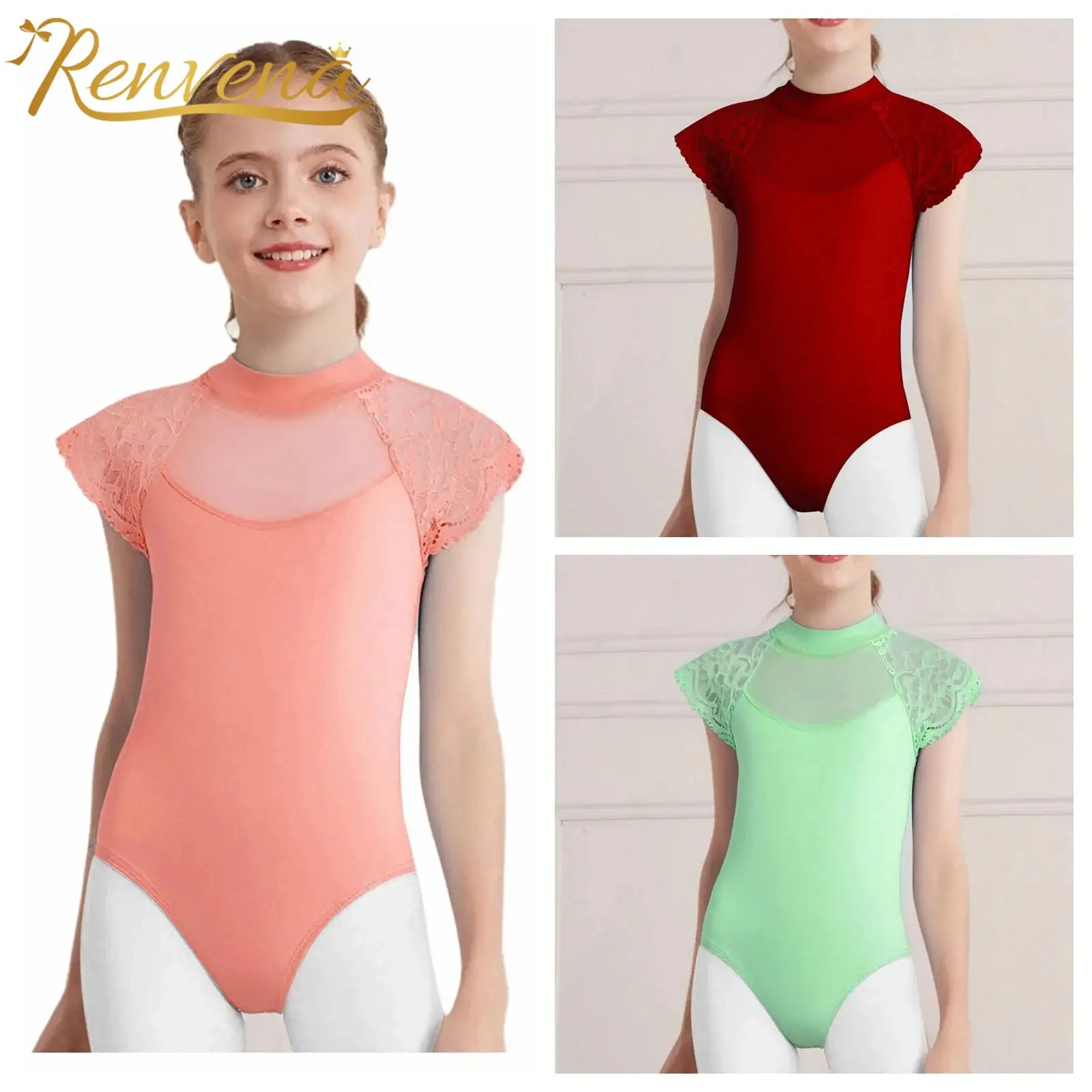 Kinder-Overall für Mädchen, Spitze, Flügelärmel, Tanztrikot, durchsichtiges Netz, Ausschnitt, Trikots, Ballett, Gymnastik, Body, Praxis, Tanzbekleidung