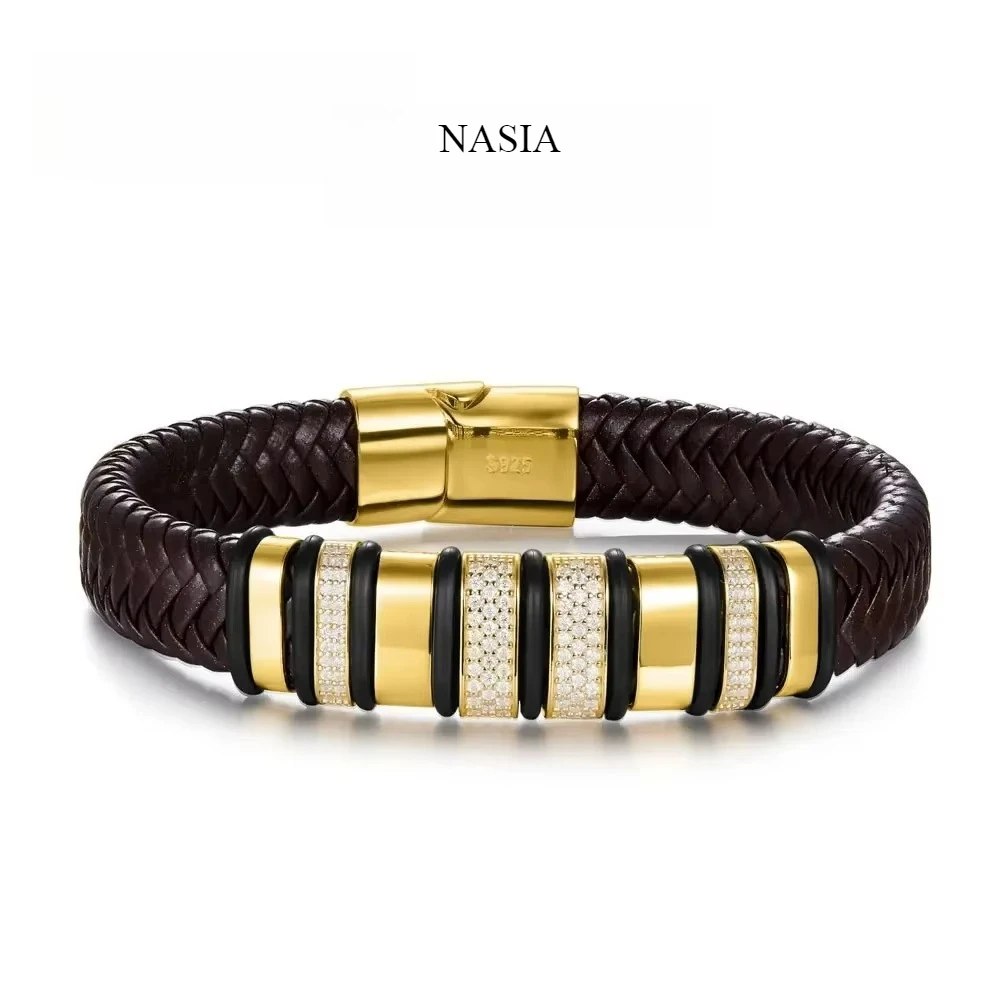 NASIA 8mm Leather Bracelet 100% s925 Sterling Silver Plated 18k Lab Grow Zircon Diamond Luxury Cuban Bracelets for Man