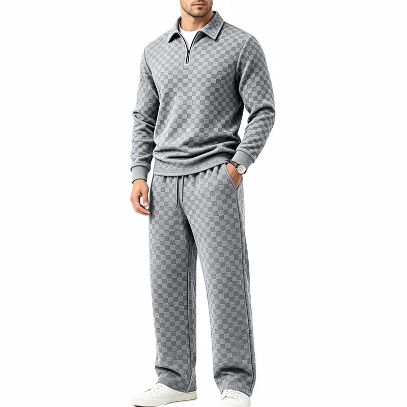 Men's Jacquard Checkerboard Casual Suit, Half Zipper Lapel Long Sleeve Straight Sweatpants Two-piece Set
