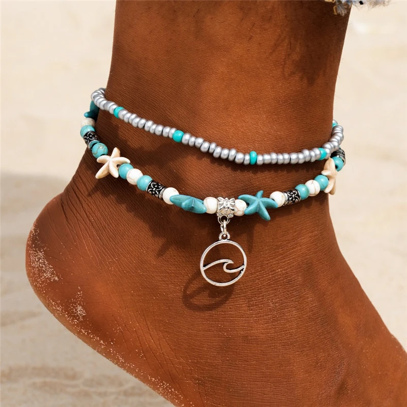 IFMYA Bohemia Blue Eeaving Strips Thin Chain Beaded Anklet for Women Sea Turtle Shell Beach Bracelet On Leg Foot Travel Jewelry