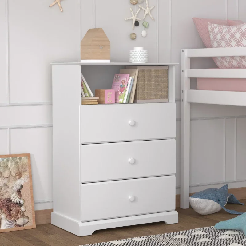 Campbell Wood 3-Drawer Kids Dresser with Storage Shelf, White