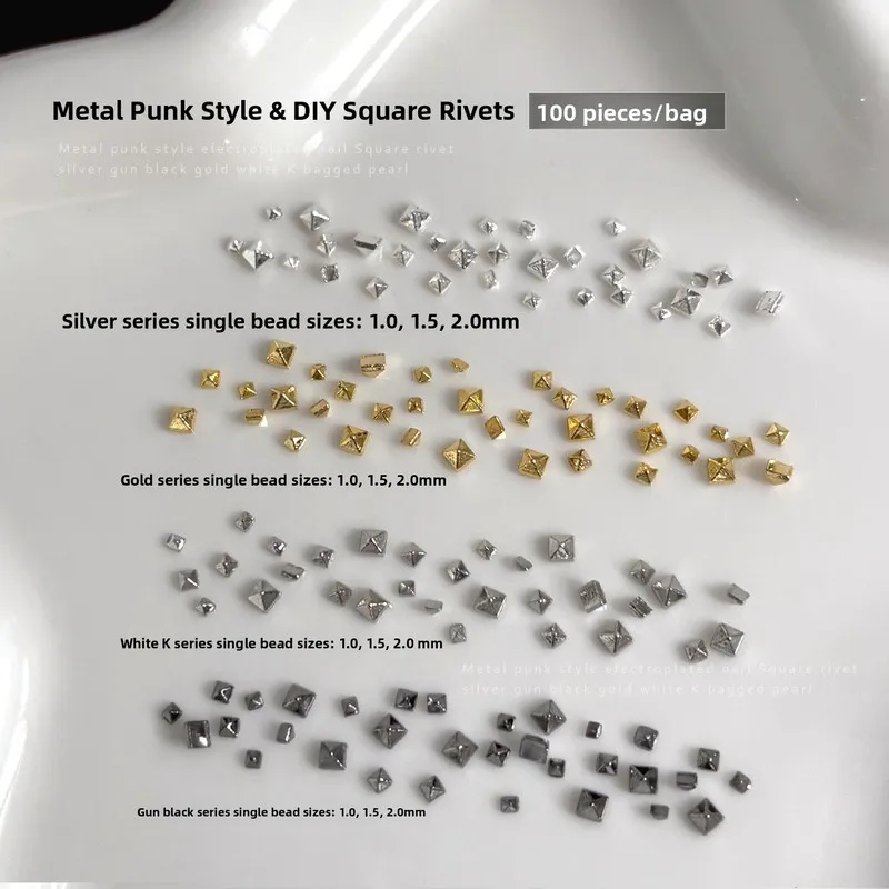 LYLE 100pcs Square Metal Rivet Nail Charms Hot Y2K Punk Style Gold Silver Black Solid Rivet Press On Nail Accessories