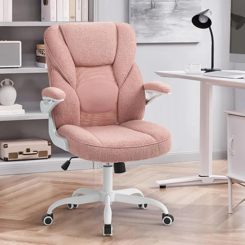 Pink Home Desk Office Chair with Arms and Wheels, Comfortable Executive Computer Chair