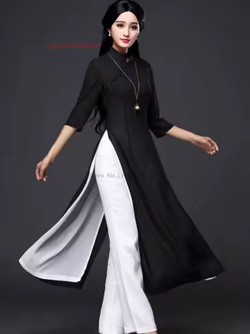 2026 vietnam vintage ao dai dress chinese cheongsam chiffon dress+line pants set traditional banquet evening qipao folk dress