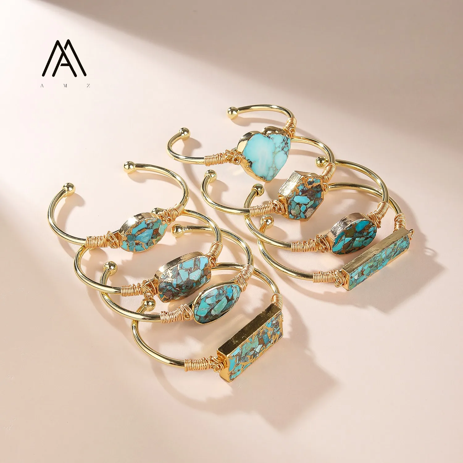 Natural Turquoise Stone Beads Cuff Bracelet 6 Different Appearances Open Bangle Women 18K Gold Plated Bracelet Jewelry Gift