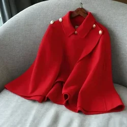 Herbst Winter Frauen Zweireiher Batwing Hülse Mantel Rot Fell Mit Kapuze Mantel Cape Woolen Tweed Poncho Dicke Warme Lose outwear