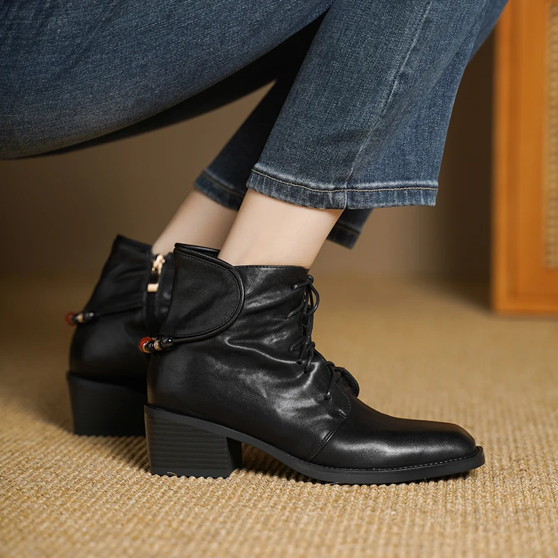 

Cow Leather Vintage Basic Clothing Square Toe Med Heels Winter Keep Warm Modern Chelsea Boots Dating Brand Concise Ankle Boots