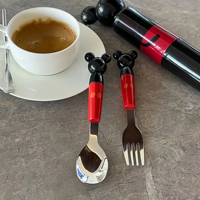 2PCS disney Mickey Mouse Stainless steel Children cartoon Spork Spoon Portable Fork Tableware Eco-Friendly Ultralight Dinnerware